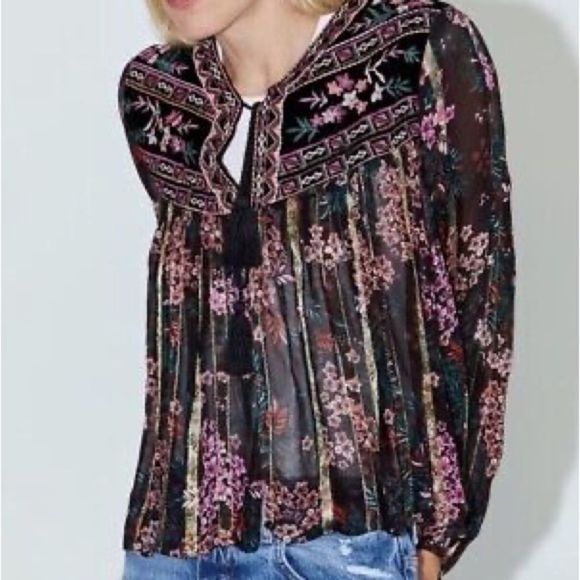 ZARA VELVET EMBROIDERED TIE UP BLOUSE - Picture 9 of 9